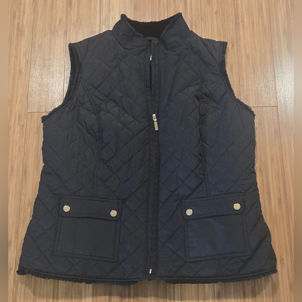 Charter Club Women's Quilted Black Vest With Faux Fur Inside